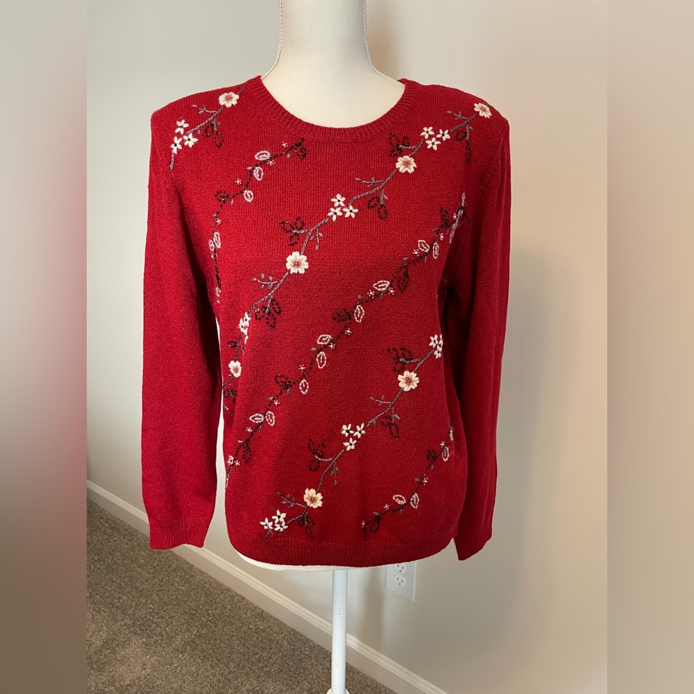 Alfred Dunner Petite L Beaded Floral Sweater Red Black Gray Cream Embroidered